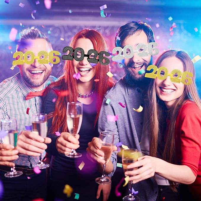 Kanayu 3 Pcs 2026 New Years Party Supplies Glasses New Years Eve Glasses Props for Women Men, Gold, Silver, Black(Diamond Style)