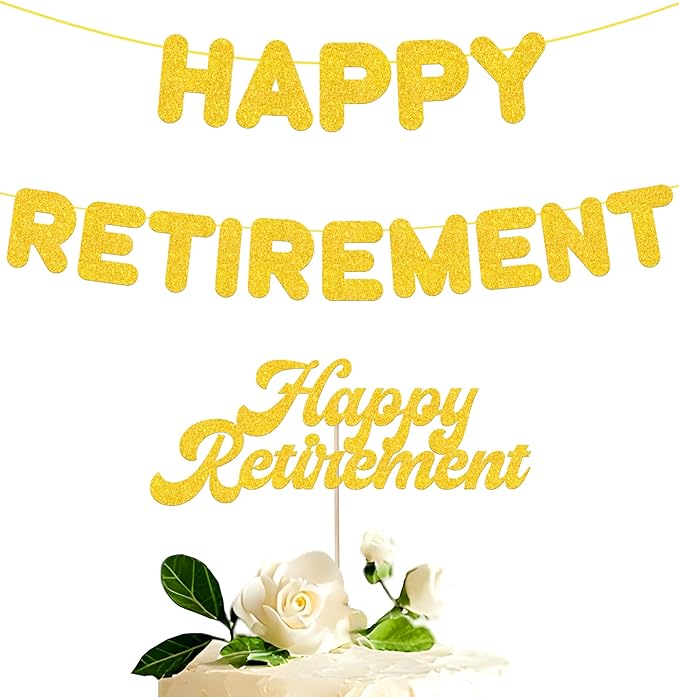 Gold Retirement Party Decorations, Pre Strung Happy Retirement Banner & Cake Topper Kit for Men Women, Ready to Hang