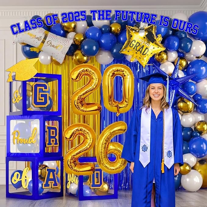 Blue and gold Graduation Decorations 2026 Set of 4 GRAD Balloon Boxes with Balloon Arch Garland Kit mylar balloons and shimmer Fringe Curtains So Proud of You 2026 prom Graduation Decorations