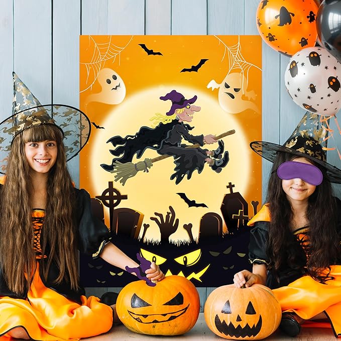 Halloween Pin The Hat on The Witch Party Games Poster with 24 Stickers Fun Hocus Pocus Entertaining Activities Holiday Carnival Celebrations Birthday Party Decorations Supplies Wall Decor for Kids