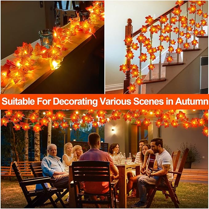 Timer&3 Pack-30Ft Fall Garland Fall Decorations for Home, 60LED Fall Lights Patented Realistic Maples Leaf Garland Battery Operated Waterproof Indoor Outdoor Christmas Thanksgiving Halloween Decor