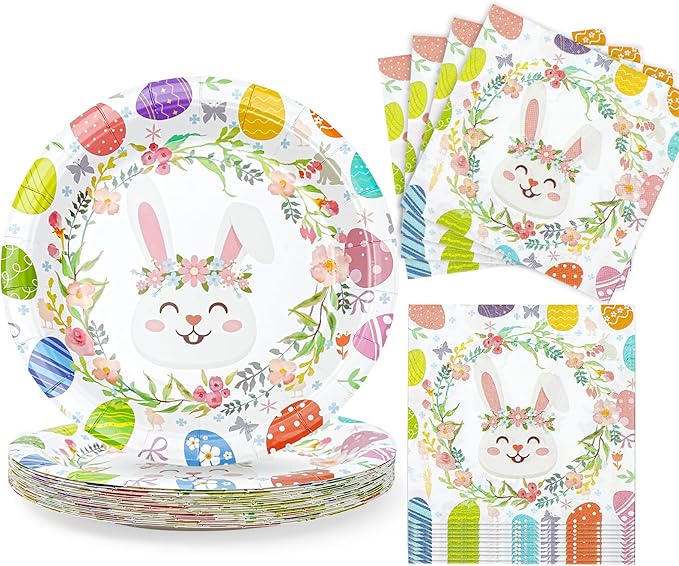 Easter Plates and Napkins Set for 20 Guests - 40 Pcs Disposable Easter Dinnerware, 9 Inch Colorful Egg & Bunny Floral Paper Plates 20pcs and Napkins 20pcs for Dinner, Spring Party Decorations