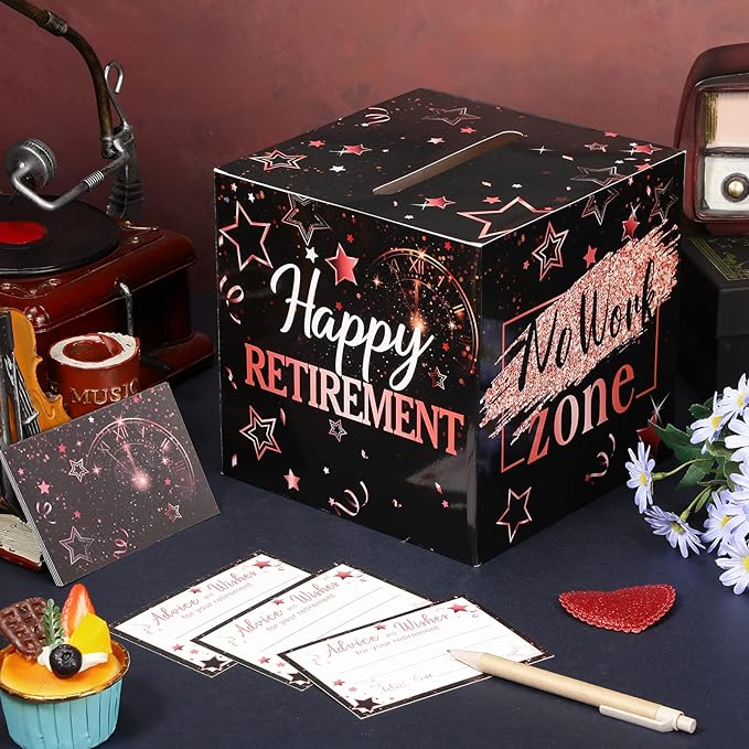 Funrous 51 Pcs Retirement Card Box Advice & Well Wishes Cards for Women Men Happy Retirement Party Decorations Going Away Party Favors(Rose Gold and Black)