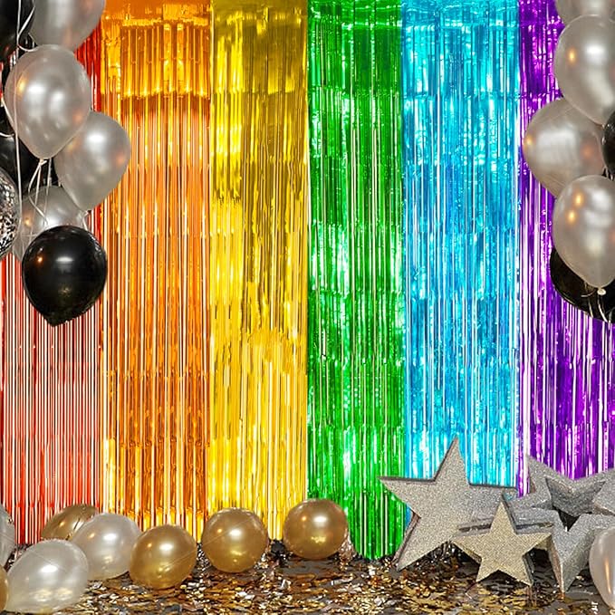 2 Pack Foil Fringe Backdrop - Combo Rainbow Shiny Tinsel Curtains for Party Decoration/Photo Booth Props - 3.3x6.6 FT Metallic Foil Backdrop for Birthday, Wedding, Graduation, Christmas.