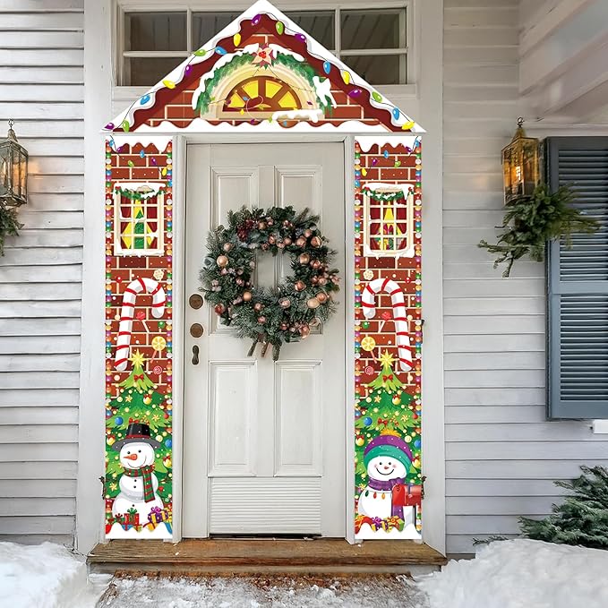 3 Pcs Merry Christmas Door Banners House Door Cover Party Decoration Candy Snowman Xmas Tree Hanging Vertical Indoor Outdoor Christmas Signs for Porch Home Window Office Yard Garage Wall