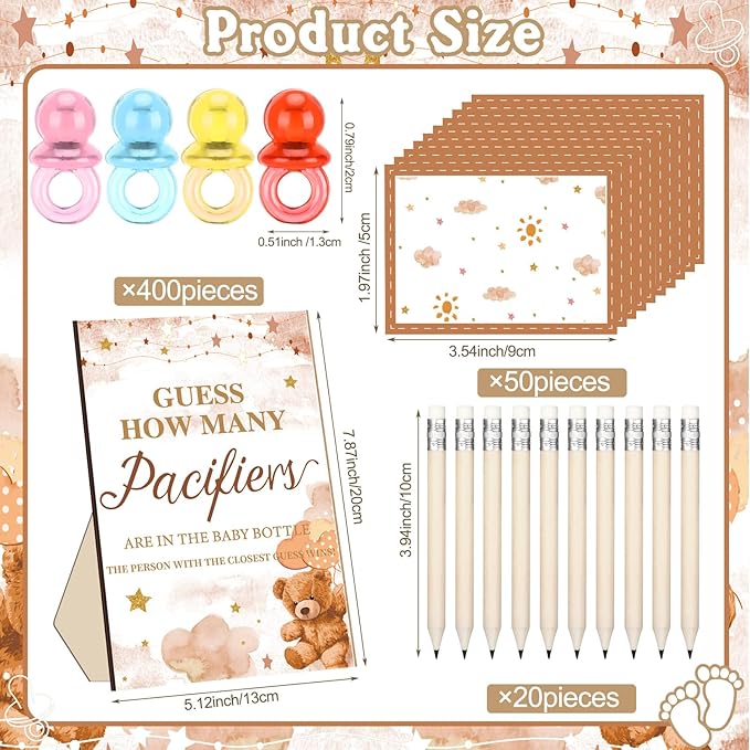 Syhood Brown Bear Baby Shower Games Guess How Many Pacifiers Game Sign 50 Small Guessing Games 20 HB Pencils 750 ml Milk Bottle 400 Acrylic Pacifiers Decorations Guests Gender Reveal Party Favors