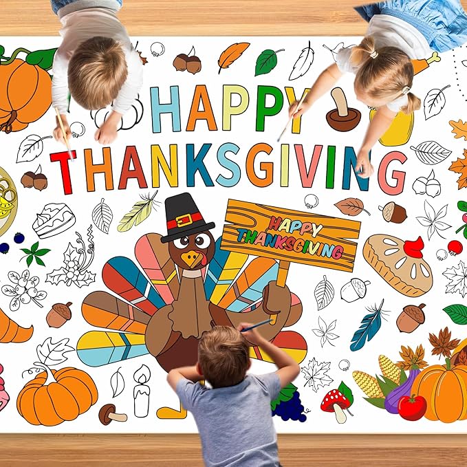 Thanksgiving Giant Coloring Poster,72 x 30 Inches Large Fall Thanksgiving Tablecloth/Banner for Kids DIY Coloring Tablecovers Gifts Turkey Pumpkin Fruits autumn School Classroom Home Party Supplies