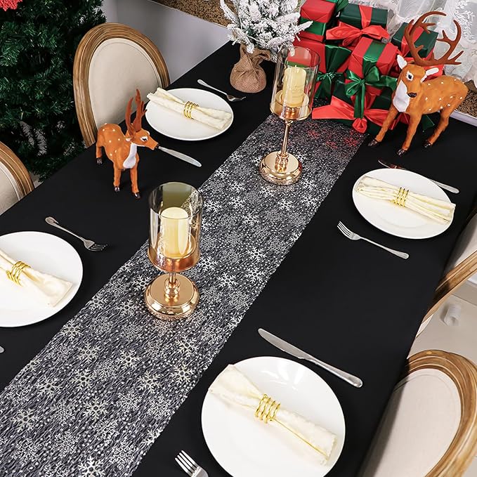 Snowkingdom Christmas Snowflake Silver Table Runner 11 Inch x 49 Feet Sparkly Silver Foil Glitter Metallic Mesh Runners Dining Table Decorations for Seasonal Winter Xmas Festival Holiday Home Party