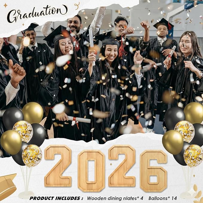 4PCS Wooden Graduation Decorations Number Charcuterie Board Box-(with 14 Balloons) 2026 Charcuterie Numbers Fillable Food Graduation Party Supplies