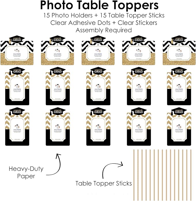 Graduation Photo Display Centerpiece Kit - 15 Double-Sided Photo Table Topper Sticks, Vertical and Horizontal 4x6 Picture Holders, DIY Party Decoration Set - Tassel Worth The Hassle- Gold