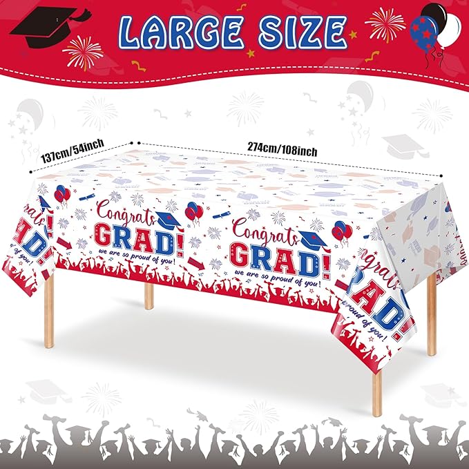 3 Pack Graduation Tablecloth Party Decorations, Class of 2026 Congrats Grad Plastic Tablecover Party Supplies, Blue and Red Rectangle Graduation Table Decor for College High School Party, 54x108Inch