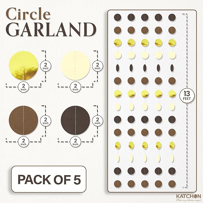 KatchOn, Pre-Strung Circle Gold and Brown Paper Garland - 65 Feet, Pack of 5 | Graduation Decorations 2026 | Black Gold Birthday Decorations | Graduation Backdrop 2026