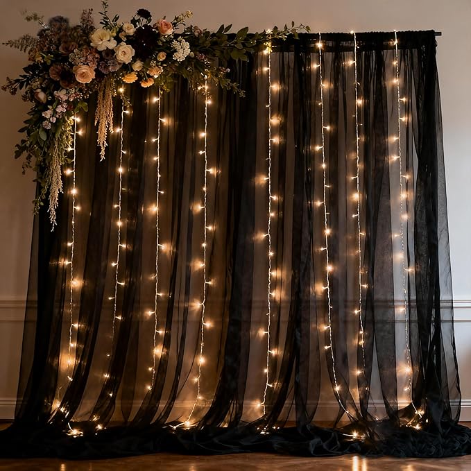 Black Tulle Backdrop Curtain with Lights Strings, Elegant Sheer Photo Backdrop Drapes, Soft Fabric Curtain for Weddings Brithday Parties Photography Background Decor, 10ftx8ft