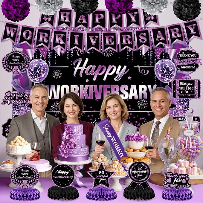 Happy Work Anniversary Decorations Black and Purple Happy Workiversary Banner Honeycomb Centerpieces Hanging Swirls Tissue Paper Pompoms Sash Set for Women Office Employee Worker Appreciation Supplies