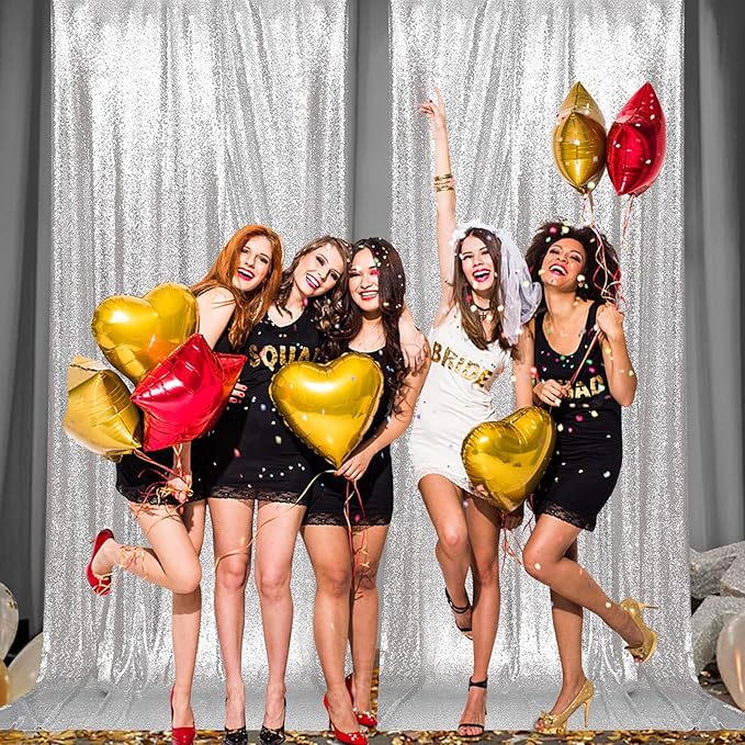 PartyDelight Silver Sequin Backdrop 5x10ft 2 Panels - High Density 3mm Shimmer Sequin Background with 4-Inch Rod Pocket, Sparkly Photography Curtain for Wedding, Stage & Event Decor