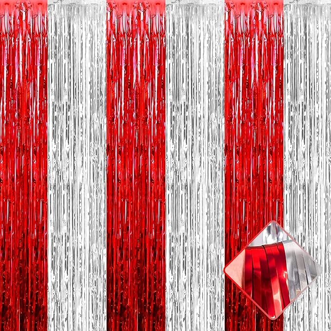 4 Pack 3.2Ft x 6.6Ft Silver Red Foil Fringe Curtain Backdrop, Metallic Tinsel Foil Fringe Streamers Curtains Background for Wedding, Circus Welcome Carnival Birthday Party Decoration New