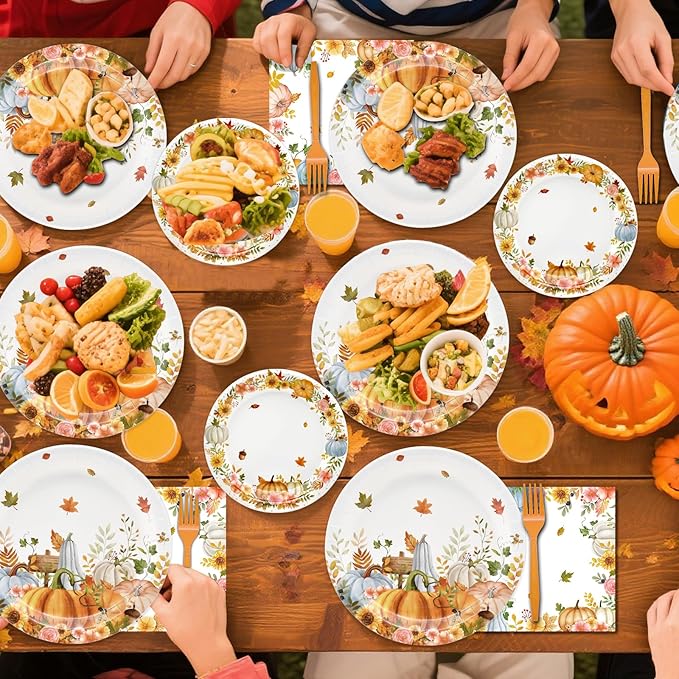 96 Pieces Thanksgiving Fall Plates and Napkins Tableware Set, Colorful Pumpkin Maple Disposable Dinnerware with Paper Plates, Napkin, and Fork for Thanksgiving Autumn Harvest Party Supplies- Serves 24