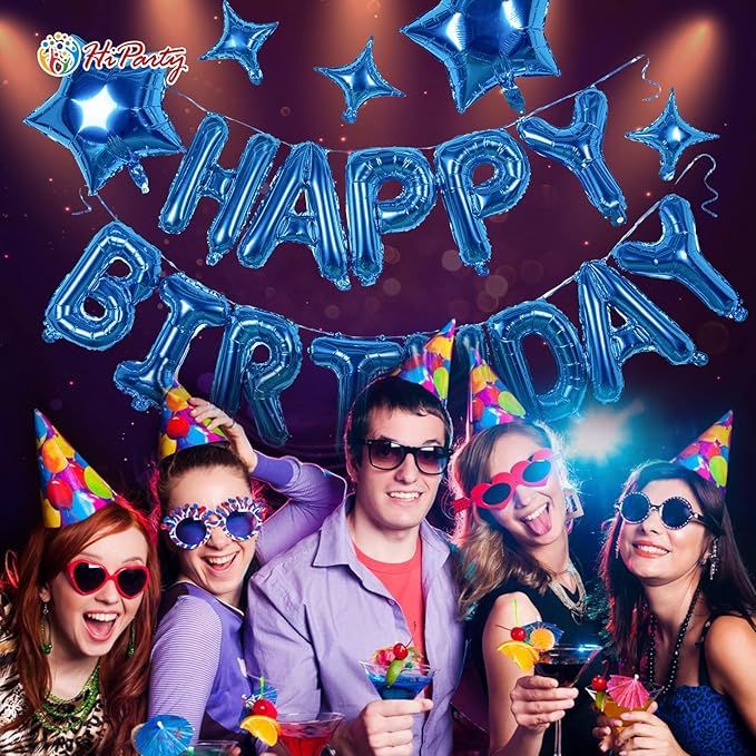 HiParty 23pcs Birthday Balloons Banner, 3D Blue Premium Mylar Foil Ecofriendly Letter Happy Birthday Banner with 5pcs Star Balloons Kits for Kids Boys Men Adults Birthday Party Decorations Supplies
