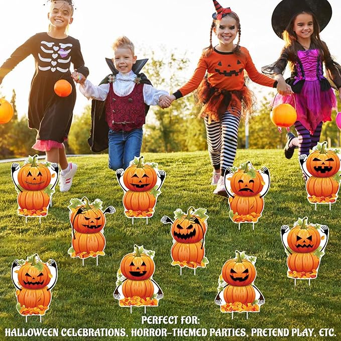 10 PCS Halloween Pumpkin Yard Signs with Stakes, Waterproof Pumpkin Ghost Lawn Signs, Trick or Treat Party Garden Outdoor Decorations, 10 Cute Scary Styles