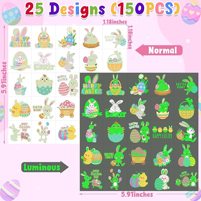 150 PCS Luminous Easter Tattoos, 25 Styles Glow Easter Stickers for Easter Basket Stuffers, Waterproof Easter Temporary Tattoos with Bunny Egg Chick for Easter Basket Filler Party Favors