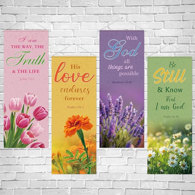 Panelee 4 Pcs Church Banners for Sanctuary Wall Blooming Flower Church Banners with Scripture Inspirational Religious Praise Bible Verses Hanging Backdrop Signs for Sunday School Worship Decoration