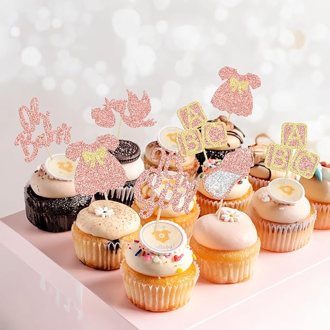 24Pcs Baby Shower Oh Baby Cupcake Toppers Rose Gold Glitter Bow Dress Bottle Swan It's a Girl Cake Picks Decorations for Baby Shower Gender Reveal Girls Birthday Party Supplies