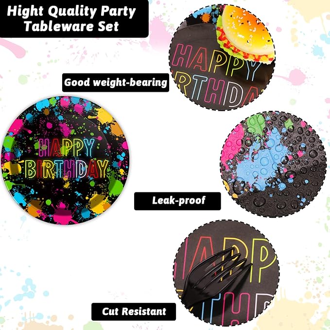 chiazllta 96 Pcs Neon Party Paper Plate and Napkins Neon Birthday Party Decorations Glow in the Dark Birthday Paper Supplies Disposable Glow Tableware for Party Favors 24 Guests