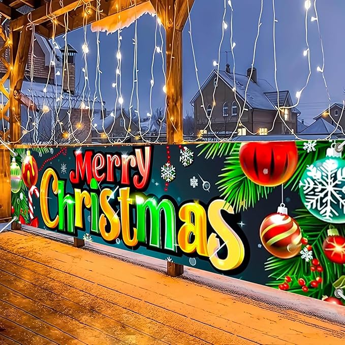 Merry Christmas Fence Banner with Ornaments and Candy Cane Decor 78 x 17 Inch Outdoor Holiday Yard Lawn Decoration Home Front Door Christmas Decoration