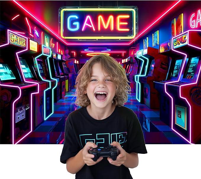 Imirell Arcade Game Neon Backdrop 7Wx5H Feet Retro Gaming Gamer Themed Colorful Glow Polyester Fabric for Kids Teen Boy Playroom Game Center Photography Backgrounds Photo Shoot Decor Props Decoration