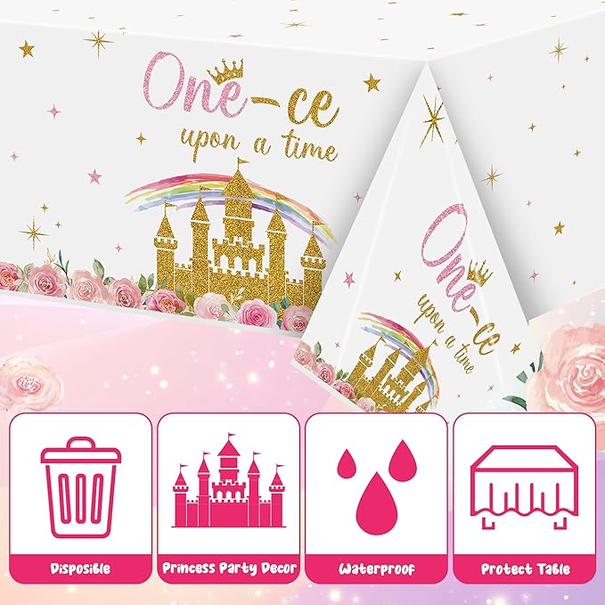 K1tpde Princess 1st Party Tablecloth - 3PCS One-ce Upon A Time Birthday Plastic Tablecloth for Girls, Princess Castle Party Floral Disposable Tablecover for Baby Shower Castle Fairytale Party Supplies