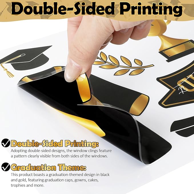 108 PCS Graduation Window Clings, 9 Sheets Black Gold Graduation Decorations, Double-Sided Congrats Grad Decorations for Windows with Caps Gowns Balloons, Grad Stickers for School Home Decor