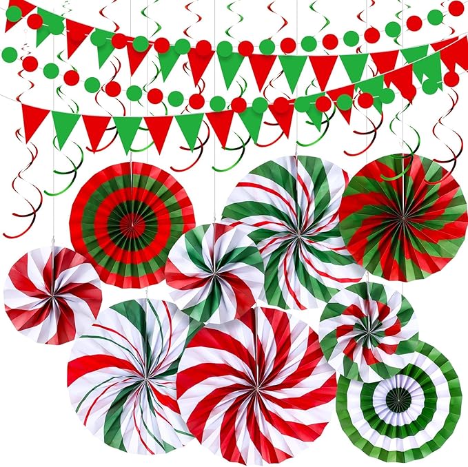 Outus 25 Pcs Christmas Party Decorations Supplies Merry Christmas Party Banner Green Red White Xmas Paper Fans Flower Pom Poms Hanging Swirls Pennant Circle Dots Garland for Xmas Birthday Decor