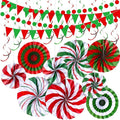 Outus 25 Pcs Christmas Party Decorations Supplies Merry Christmas Party Banner Green Red White Xmas Paper Fans Flower Pom Poms Hanging Swirls Pennant Circle Dots Garland for Xmas Birthday Decor