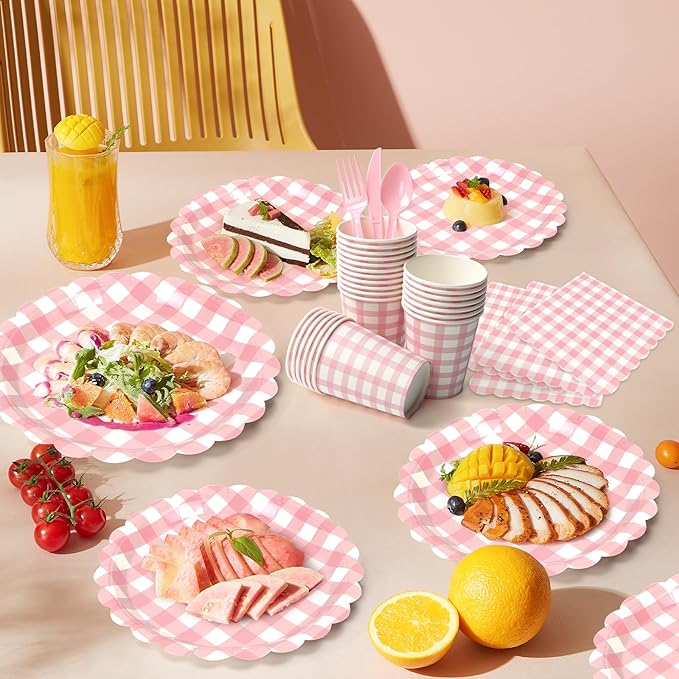 168PCS Party Plates, Pink Scalloped Gingham Paper Plates and Cups and Napkins Sets Party Supplies for Birthday Wedding Bridal Shower Baby Shower Picnic, Serve for 24 Guests, Pink