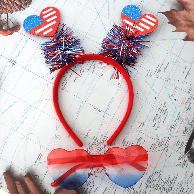 Semato 2 PCS Patriotic Party Accessories Heart 4th of July Headband and Red White Blue Heart Sunglasses