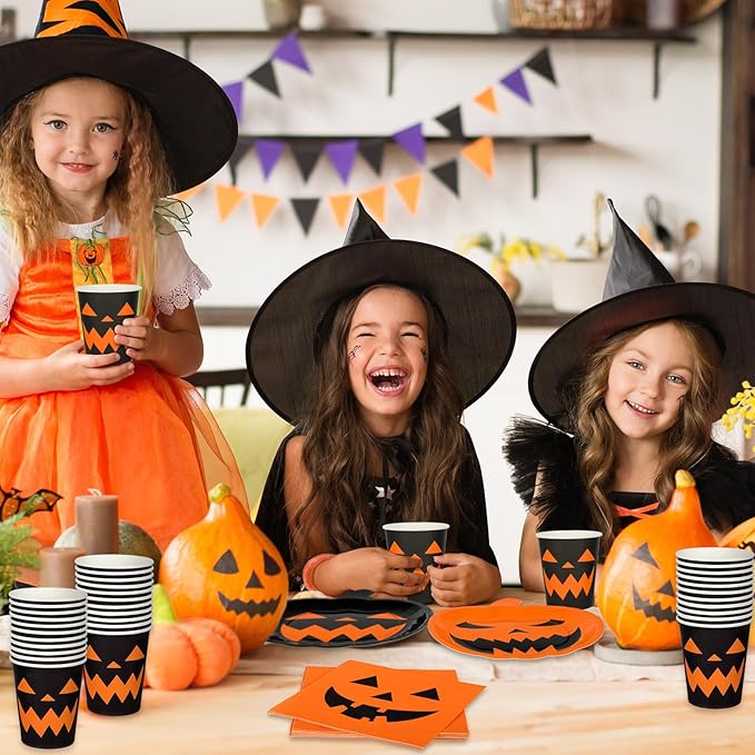72Pcs Halloween Party Dinnerware Set Orange Black Pumpkin Themed Paper Plates Cups Napkins Halloween Disposable Tableware Party Supplies for Spooky Themed Party Birthday, Serves 24 Guests