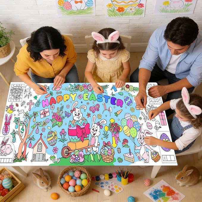 Easter Giant Coloring Poster for Kids,30x72 Inch Happy Easter Crafts Drawing Paper Coloring Tablecloth DIY Art Crafts for Kids Party Bunny Egg Themed Activity Classroom Home Party Suppiles
