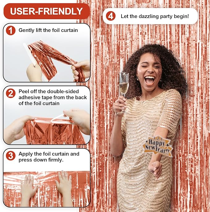 Homiest 3 Pack Rose Gold Tinsel Backdrop, 3.3x6.6 FT Metallic Tinsel Foil Fringe Curtains Party Decorations, Birthday Door Streamers for Baby Shower Wedding, Photo Booth Props Background Wall Decor