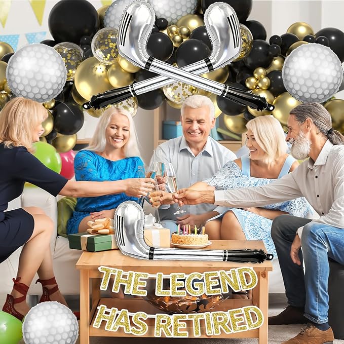 Hole in One Balloon Garland Arch Kit - 146 Pcs Black, Gold & Confetti Balloons with Golf Cart & Ball Foil Balloons for Golf Themed Retirement, Birthday, Country Club, New Year Events