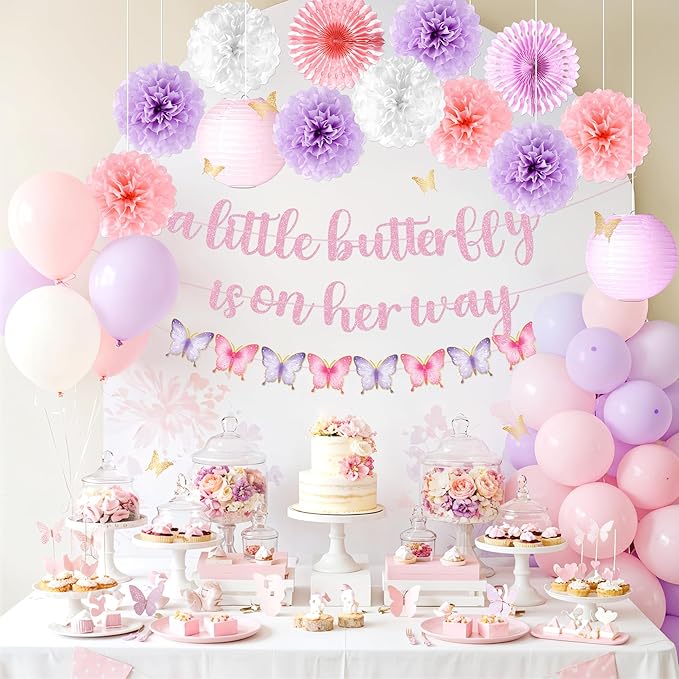 Kriyokiaa Butterfly Baby Shower Decorations for Girls 16 Pcs Baby Girl Shower Decorations with Butterfly Banners, Paper Pom Poms, Lantern, Fans Perfect for Indoor & Outdoor Celebrations