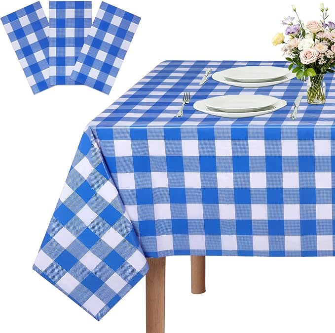 3 Packs Blue Checkered Tablecloth 54 x 108 Inch Waterproof Rectangular Plaid Tablecloth Disposable Plastic Table Cover for Holiday Birthday Party