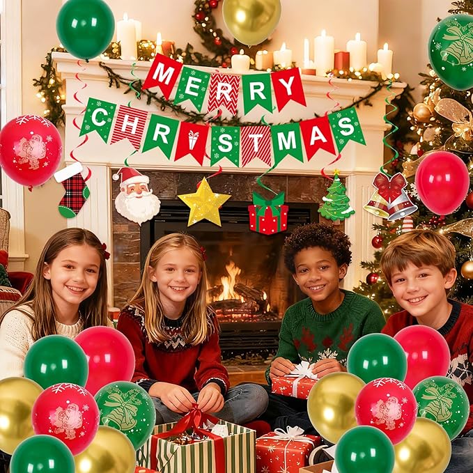 Christmas Party Decorations Set, Red Green Christma Balloon Arch, Merry Christmas Backdrop Banner Xmas Hanging Swirls Tablecloths for Xmas Party Indoor Outdoor Decorations Supplies