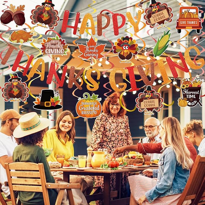 Happy Thanksgiving Banner Hanging Swirls Decorations Thanksgiving Fall Party Banner Turkey Pumpkin Maple Leaf Hanging Decorations for Home Office Indoor Classroom Party