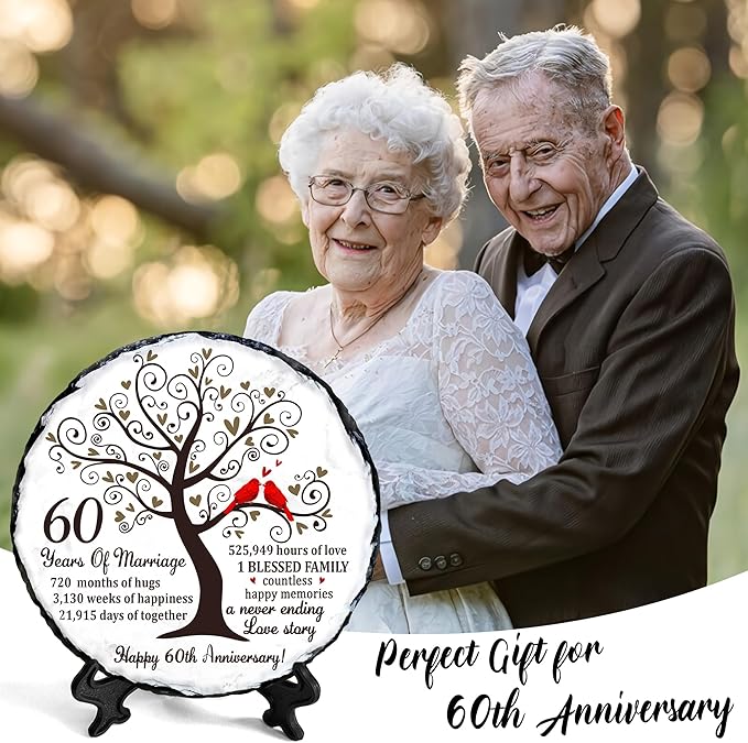 60th Diamond Wedding Anniversary Slate - 60th Wedding Gifts for Parents Grandparents - 60th Anniversary Decorations Gift Ideas - 60 Years of Marriage Plaque, 5.9 inches Plate Keepsake