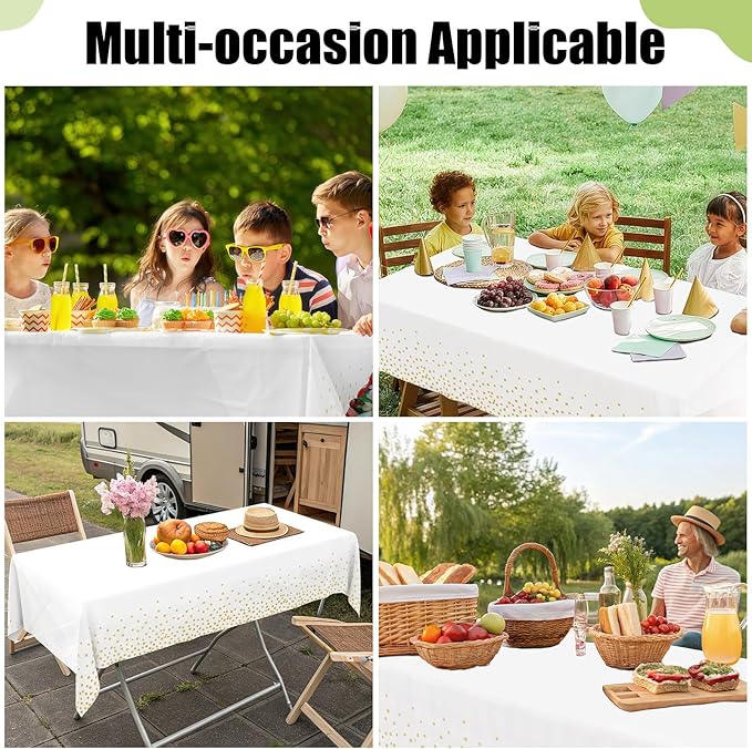 Smiry Disposable Table Cloth - 12 Pack, 54 x 108 Inch Waterproof Rectangle Tablecloths for New Years, Decorative Plastic Table Cover, Leakproof & Sturdy, White & Gold