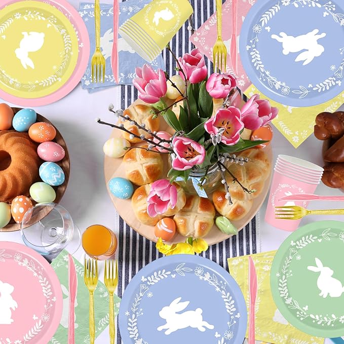 Easter Plates and Napkins, 144Pcs Easter Decorations Colorful Bunny Paper Plates and Napkins, Cups, Forks, Knives for Spring Easter Bunny Picnic Party Supplies, Serves 24