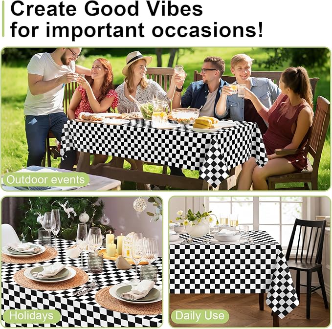 QIKSION Checkered Tablecloth Disposable 2 Pack, 54 x 108 Inch Black and White Checkered Flag Table Cloth for Race Car Decorations, Birthday Party Supplies, Rectangle, Plastic Table Cover