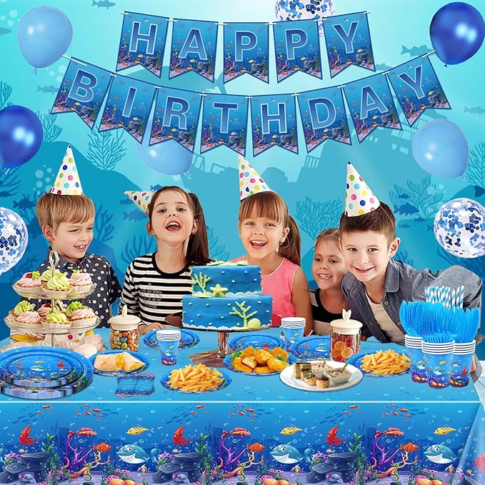 223 Pack Under the Sea Party Supplies Ocean Sea Party Tableware Set Plates Cups Napkins Tablecloth Banner Balloons Cake Toppers for Underwater World Birthday Ocean Animal Party Decorations Serves 20
