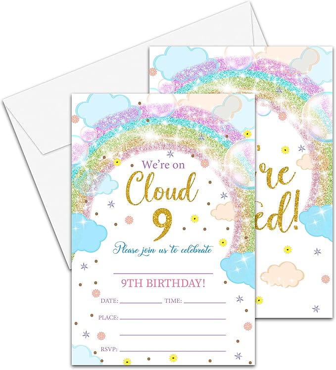 9th Birthday Invitations Cards, 4"x 6" Rainbow Clouds Birthday Party Invites with Envelopes for Party Decorations Supplies(20 Pieces) -D04