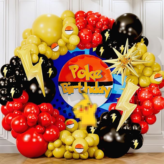 ALL-IN-1 Cartoon Balloon Arch Kit with BONUS Thunder & Starburst Balloons for Poke Birthday Decorations - Red Black Yellow Balloons for Poke Cartoon Birthday Decorations & Video Game Party Supplies
